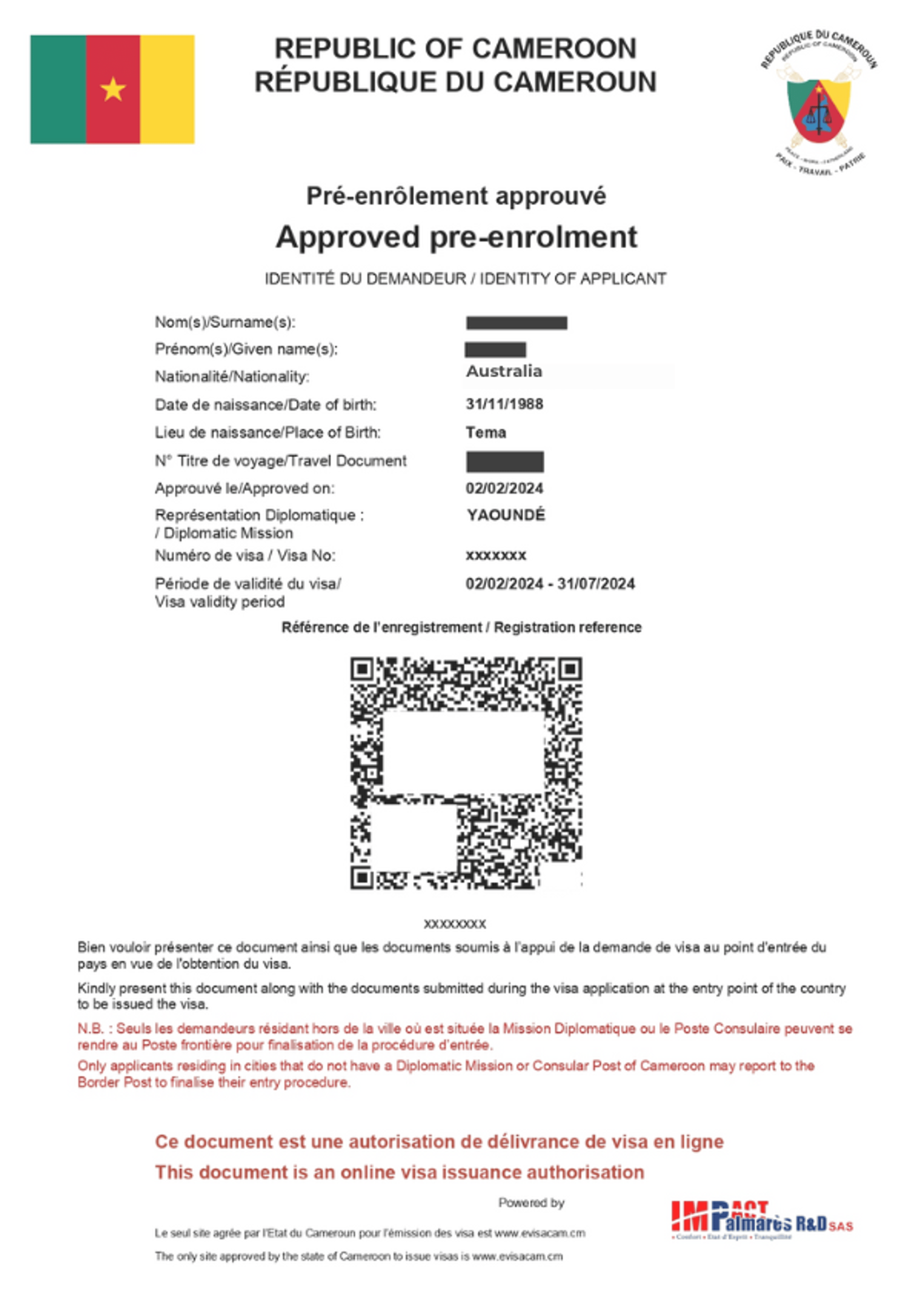Sample of Cameroon eVisa