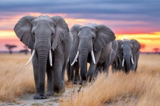 Elephants walking through a golden savanna