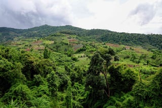 Lush green hills under a cloudy sky