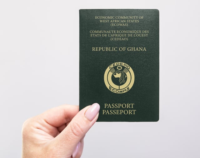 Ghana Passport Held In Hand Against A Plain White