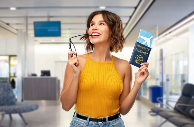 Happy Woman With Air Ticket And Immunity Passport