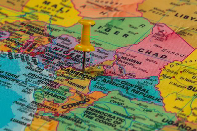 Map showing Cameroon with yellow pin