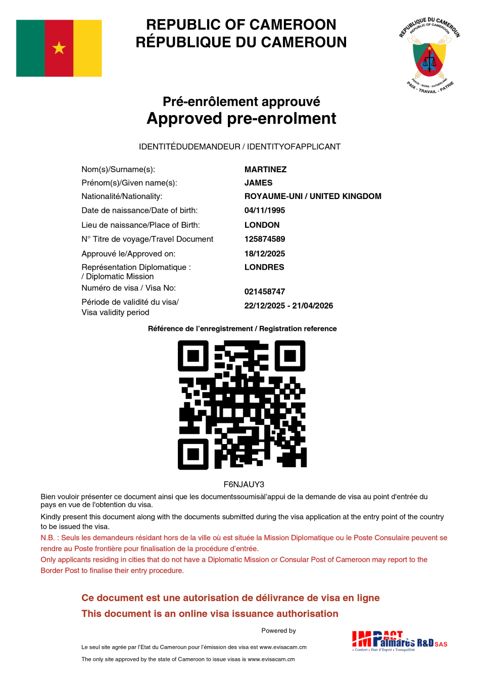 Cameroon eVisa Approval Document