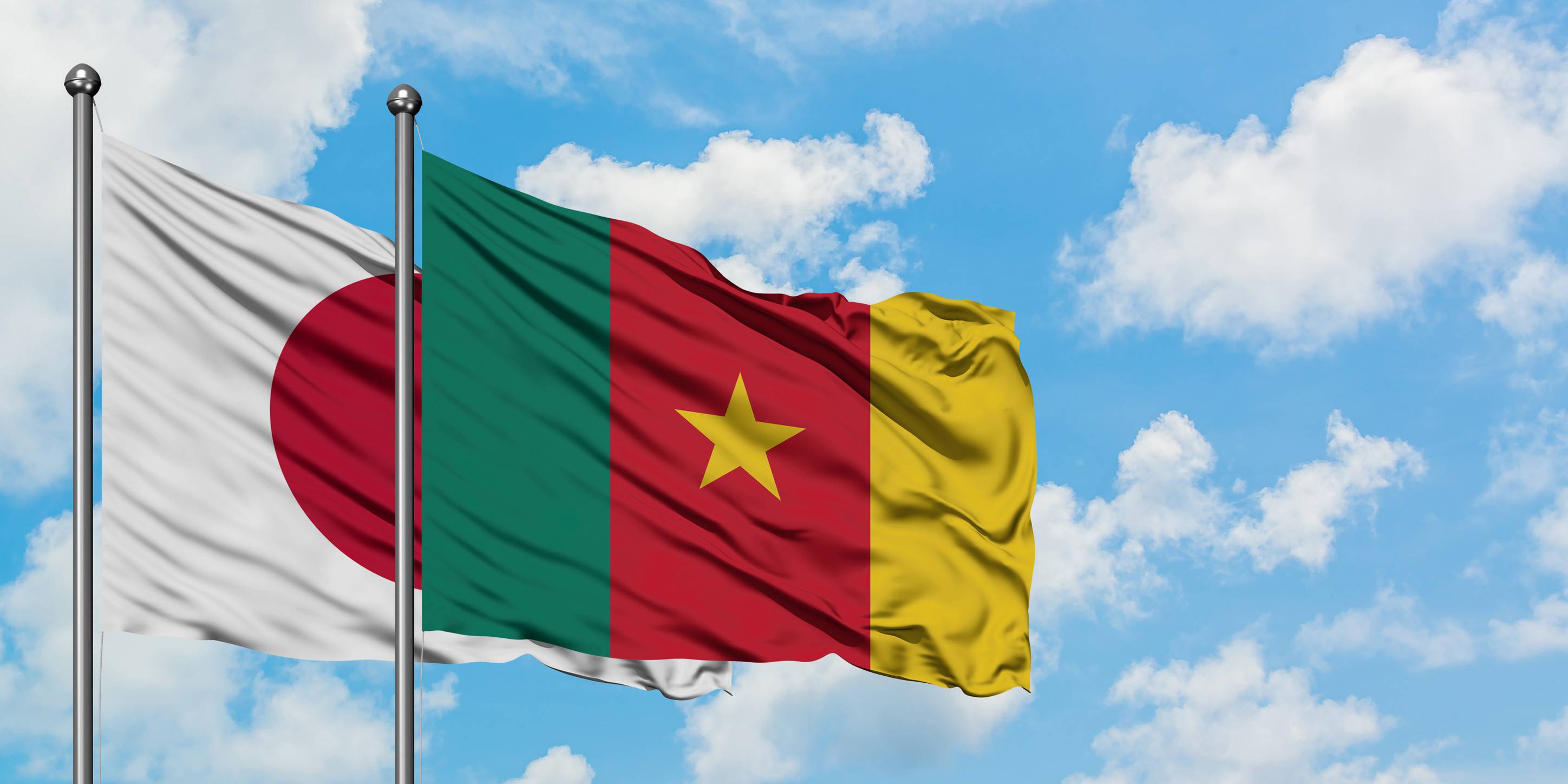 Japan And Cameroon Flag Waving In The Wind Against White Cloudy Blue Sky Together